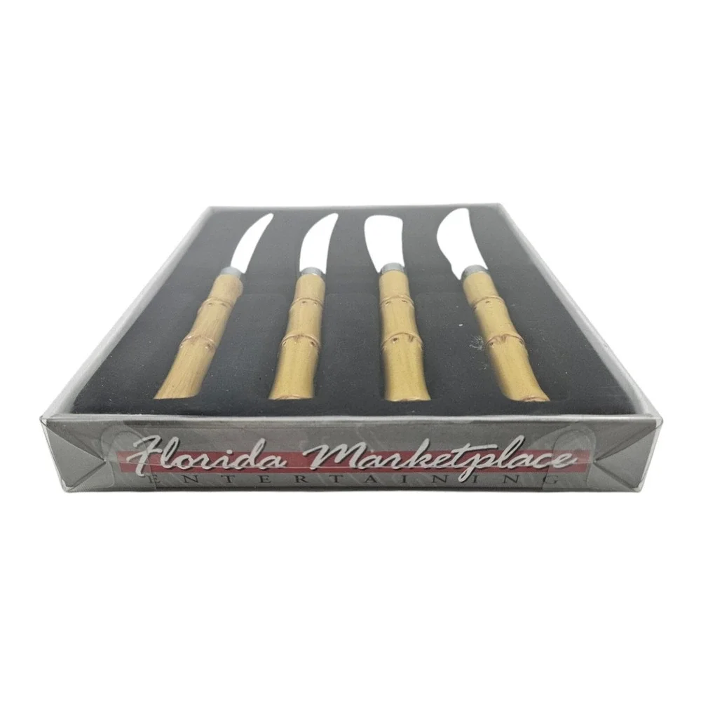 Vintage Bamboo Handle Cheese Knife Spreader Set Boho Tropical Palm Beach NOS